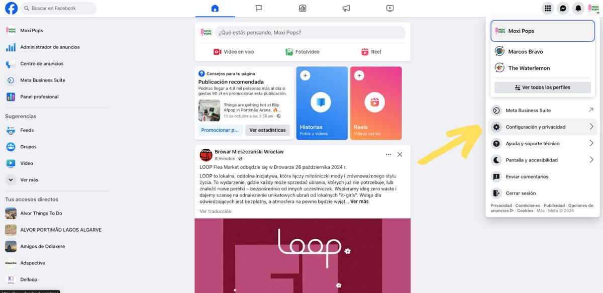 Una captura de pantalla de Facebook. Se puede ver un menú a la derecha. La flecha señala «Configuración y privacidad».