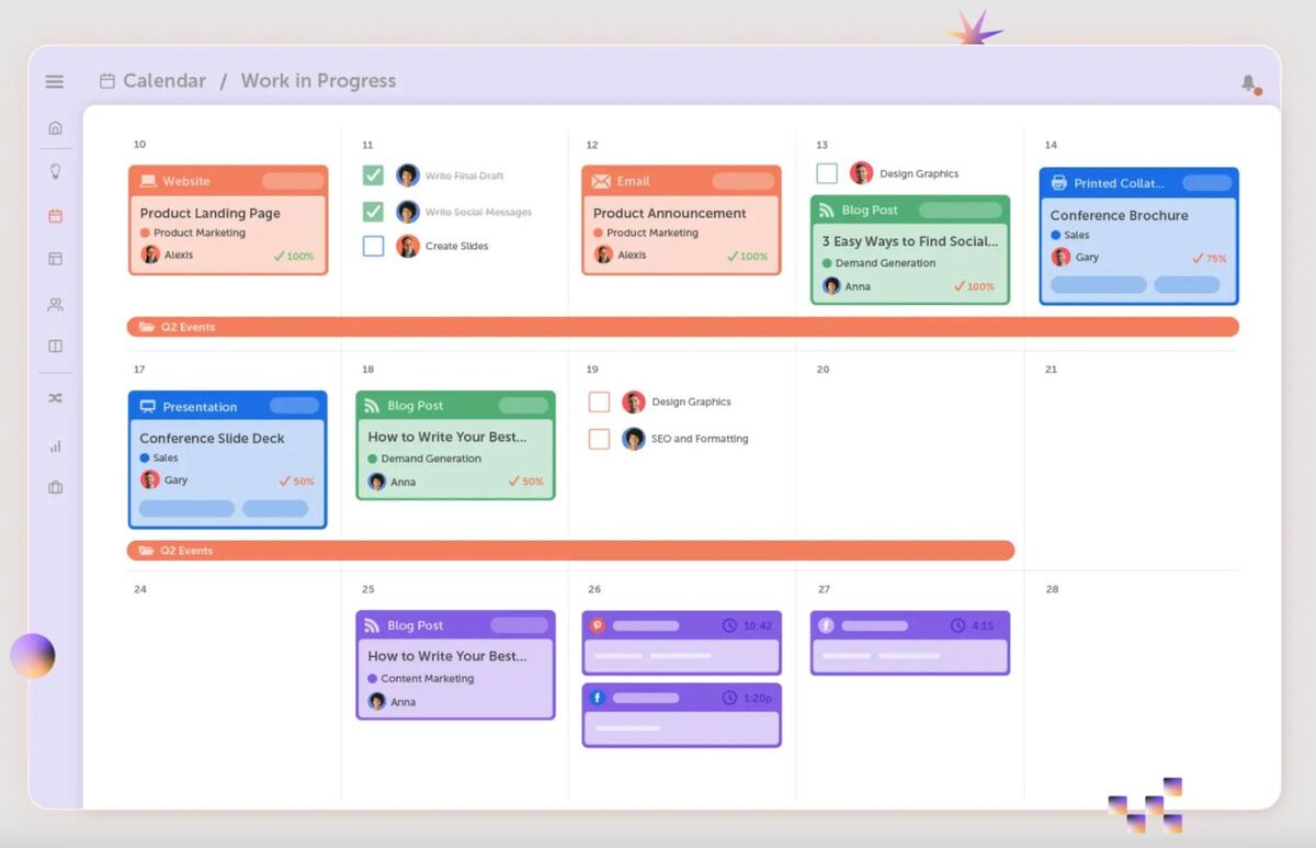 El calendario de contenidos para redes sociales, blog posts y pagina web.