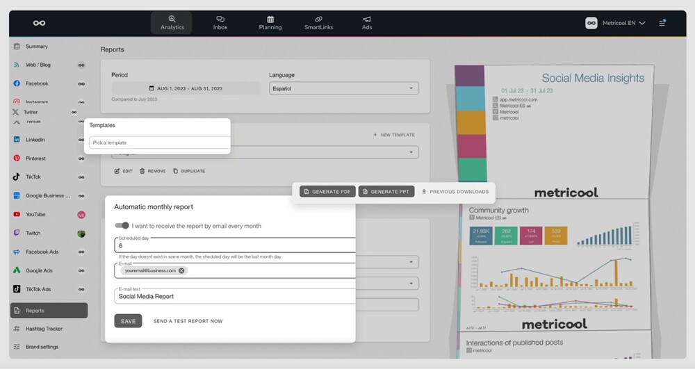 Una visualización de la funcción de estadísticas de Metricool. Se puede ver como se configura un informe de redes sociales.
