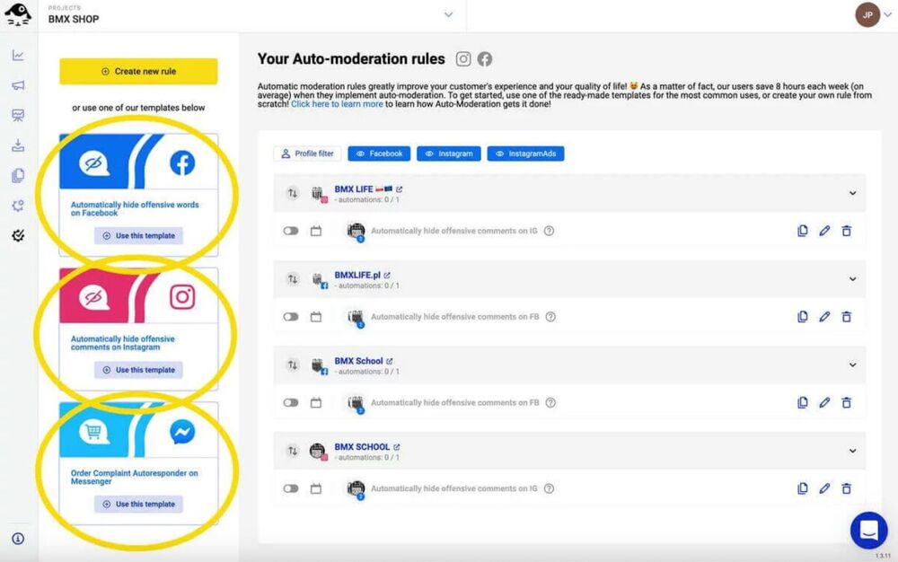 Una captura de pantalla de NapoleonCat que presenta los disponibles plantillas de Auto-moderación: ocultar palabras ofensivas en Facebook, ocultar comentarios ofensivos en Instagram y respuestas automática a quejas en Messenger.