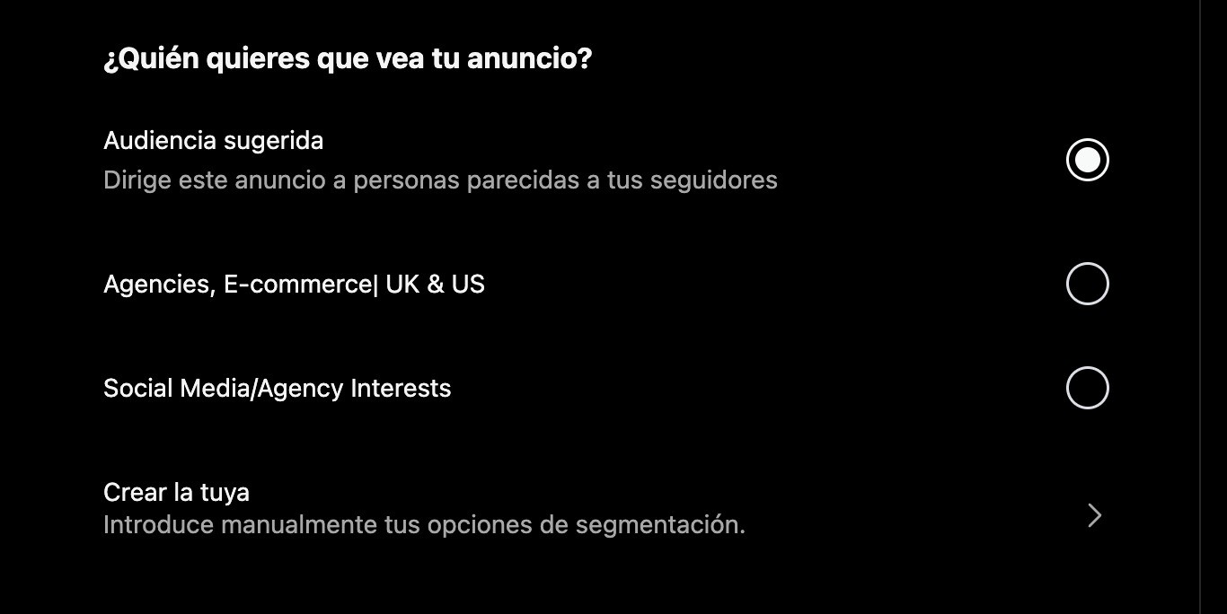 Captura de pantalla del panel de configuración de publicidad en Instagram. Puedes ver diferentes opciones de la audiencia que debe ver la publicidad.