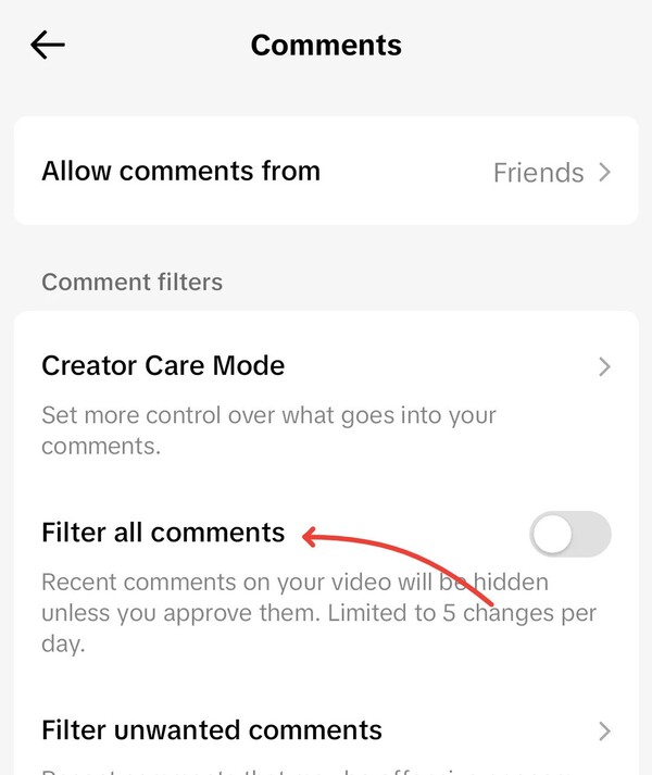 How to Handle Inappropriate Comments on TikTok - filter all comments option