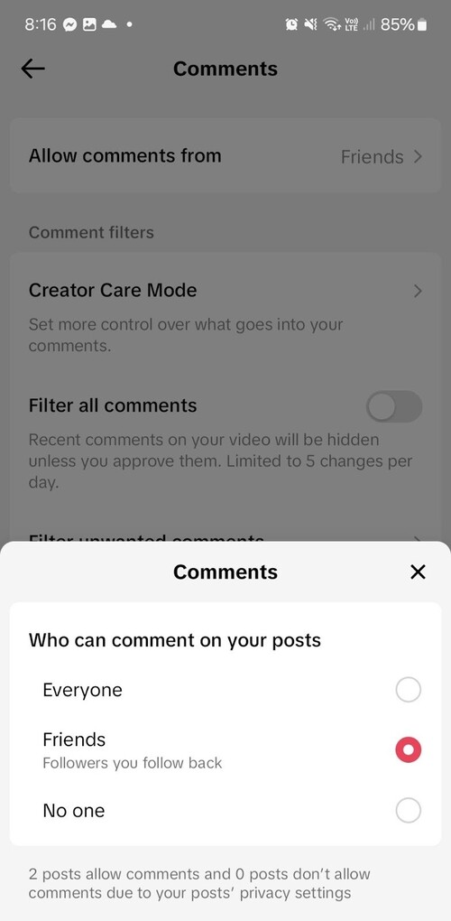 How to Handle Inappropriate Comments on TikTok - choosing who can comment on TikTok posts