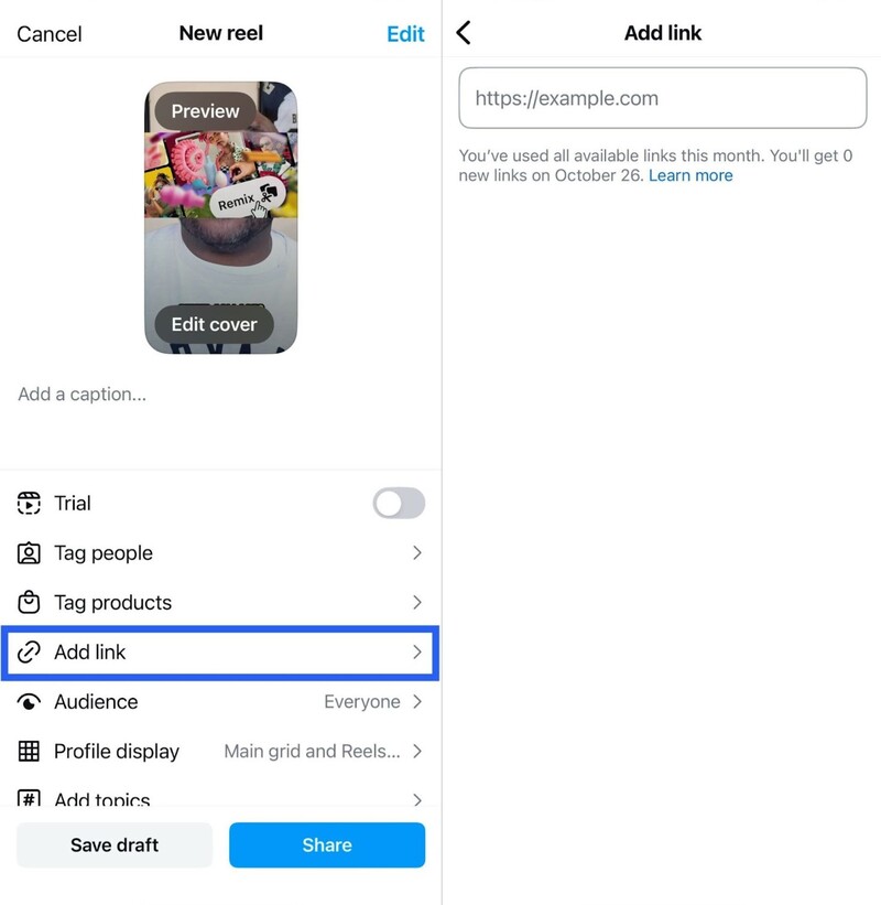 Instagram new features and updates - clickable links in reels for meta users