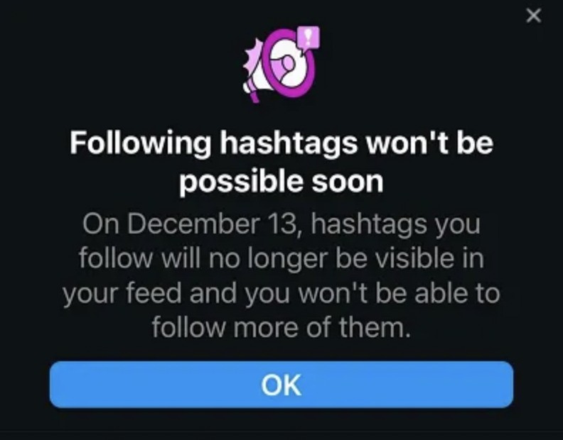 Instagram new features and updates - following hashtags option removed