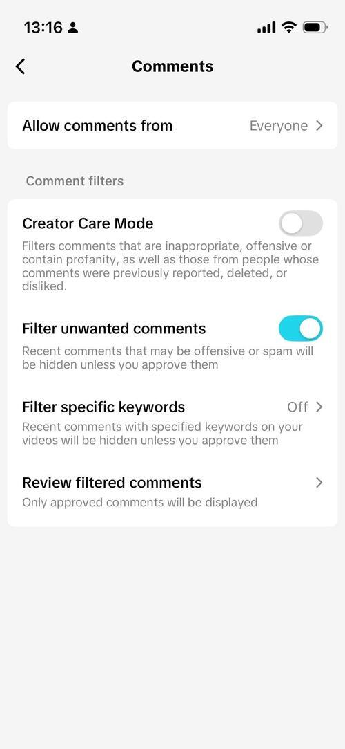 Limiting comments on TikTok