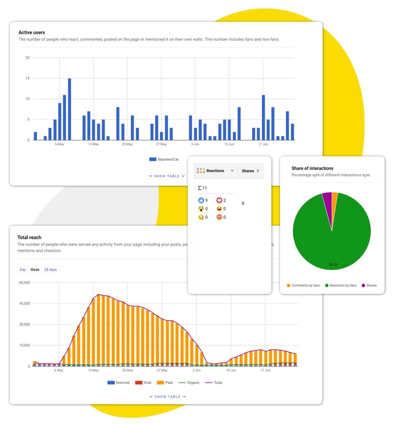 Un par de capturas de pantalla de gráficos diferentes de la herramienta de análisis de redes sociales NapoleonCat.