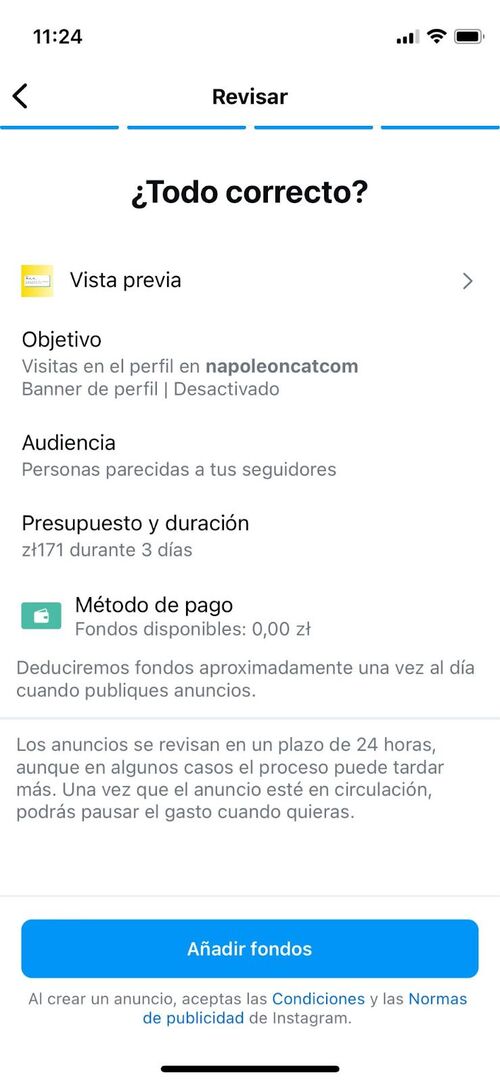 Captura de pantalla de la fase final de la creación de una publicación promocionada en Instagram. Puedes revisar todos los detalles configurados en los pasos anteriores.