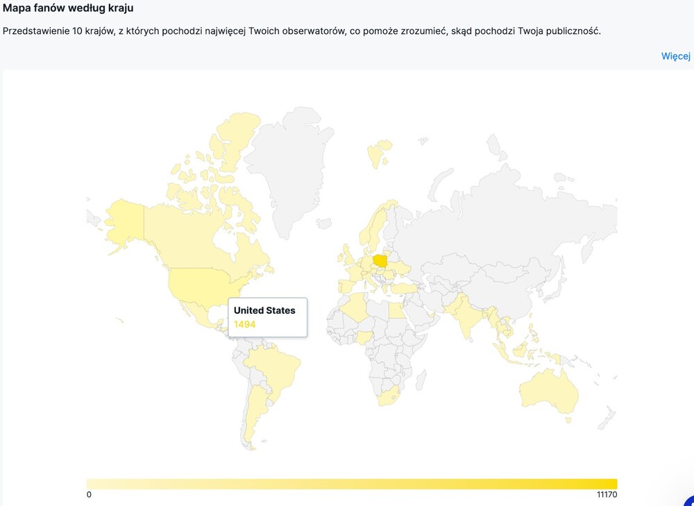 Zasięg na Facebooku - wykres przedstawiający rozmieszczenie geograficzne publiczności na FB