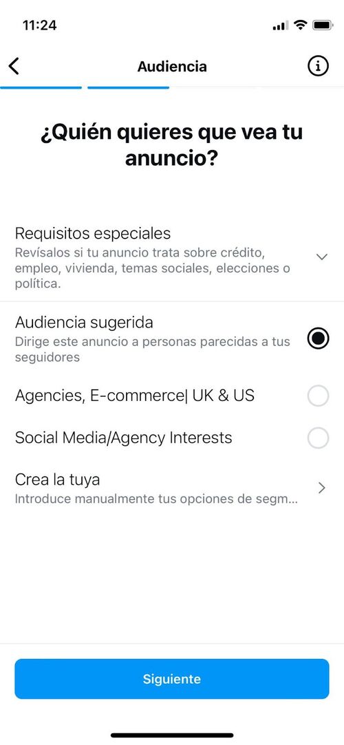 Una captura de pantalla de Instagram. Puedes ver las opciones disponibles para elegir la audiencia de tu publicación promocionada.