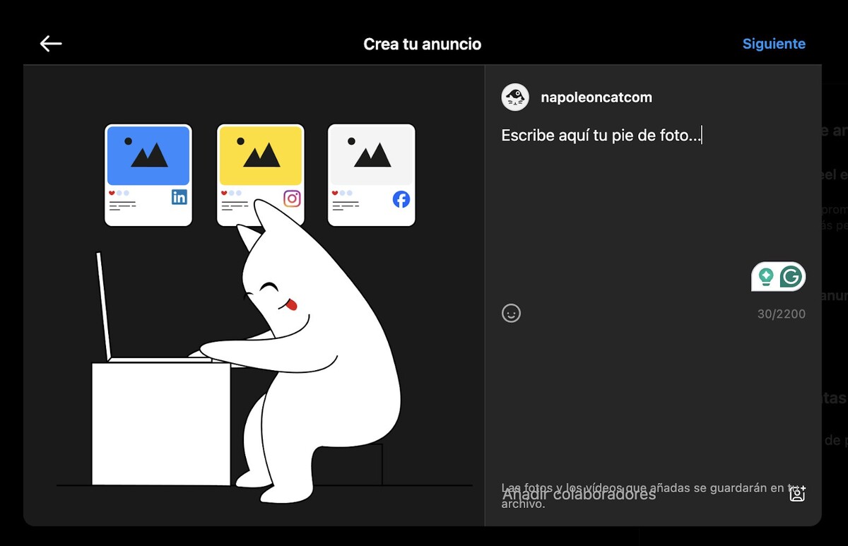 Captura de pantalla de una herramienta de creación de publicidad en Instagram. Hay una imagen ejemplar de gato garabateado y un pie de foto ejemplar que dice: «Escribe aquí tu pie de foto».