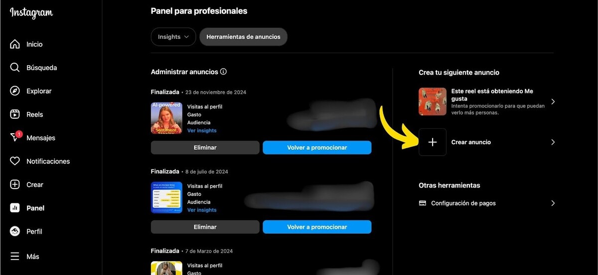 Captura de pantalla de una cuenta comercial de Instagram. La flecha amarilla apunta a «Crear anuncio».