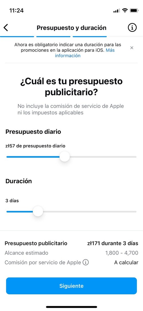 Una captura de pantalla de configuración de los anuncios en Instagram. Puedes definir tu presupuesto diario utilizando el control deslizante. También puede definir la duración de su promoción utilizando otro control deslizante.