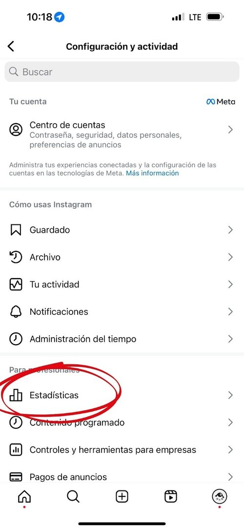 Una captura de pantalla de configuración de Instagram. Las estadísticas están marcadas con un círculo rojo.