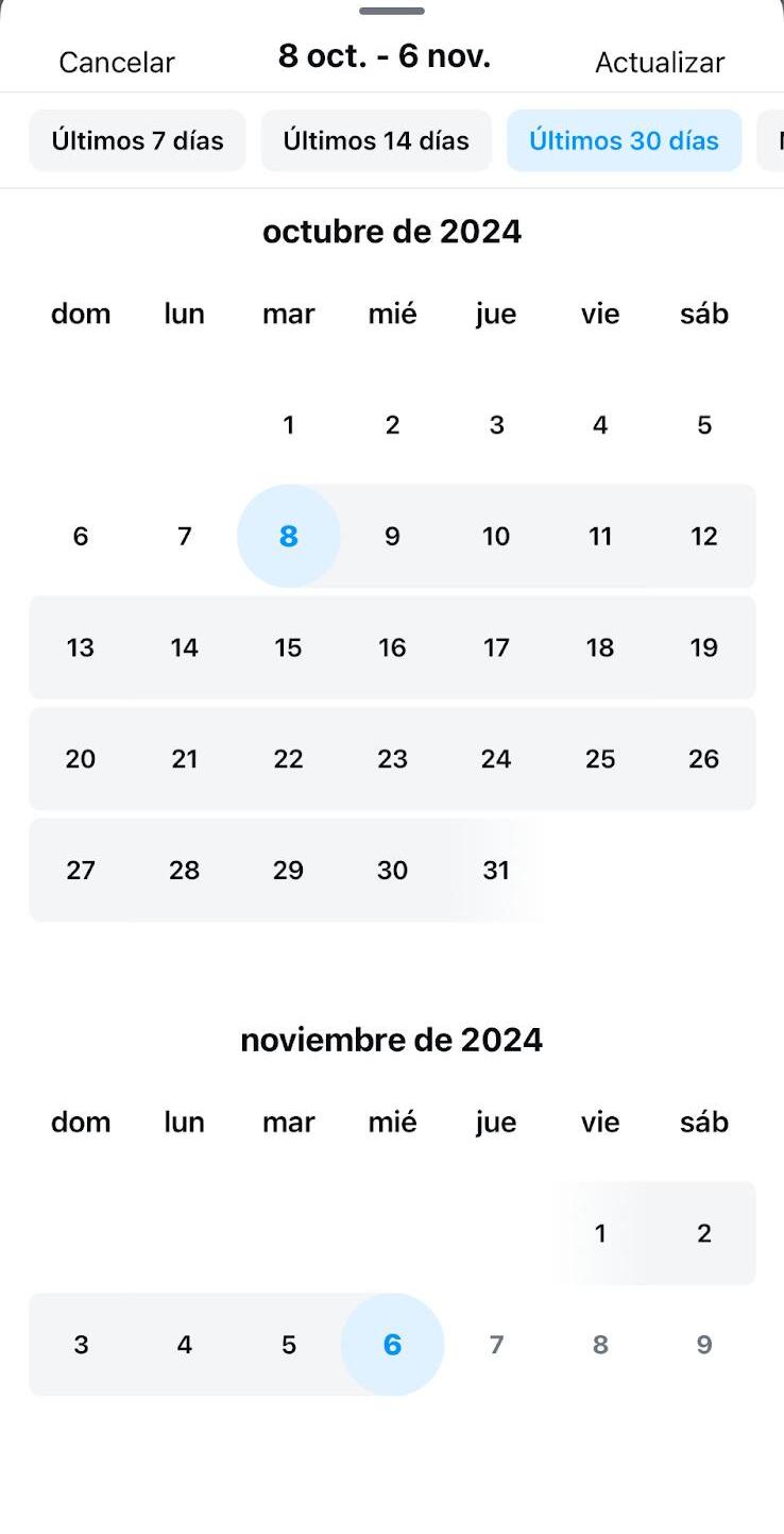 Una captura de pantalla de estadísticas de Instagram: la visión del calendario para elegir intervalos de fechas.