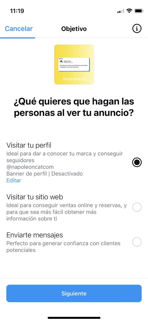 Una captura de pantalla de Instagram. Puedes ver los objetivos disponibles para anuncios en Instagram: visitar perfil, visitar sitio web o enviar mensaje.