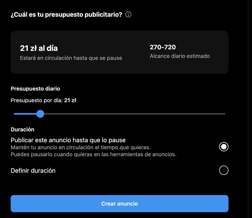 Una captura de pantalla de la configuración del presupuesto para publicidad en instagram.
