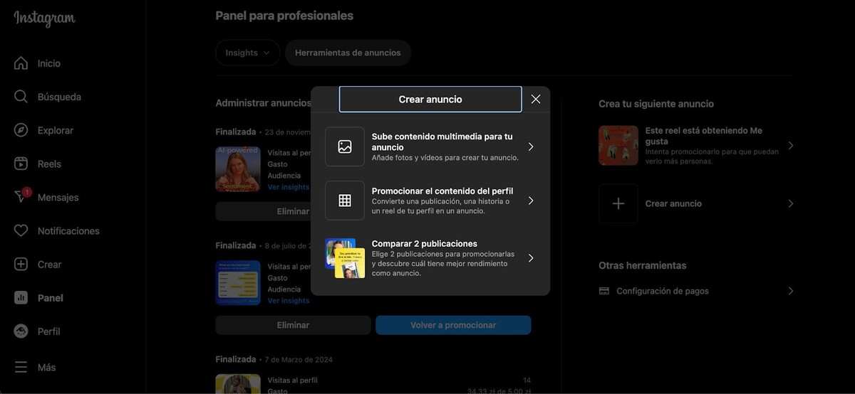 Captura de pantalla de una cuenta comercial de Instagram. Verás una ventana emergente que te permite subir contenido para tu publicidad.