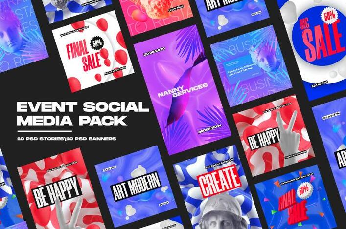 Thumbnails for social media events featuring vibrant graphics and event details to attract audience engagement.