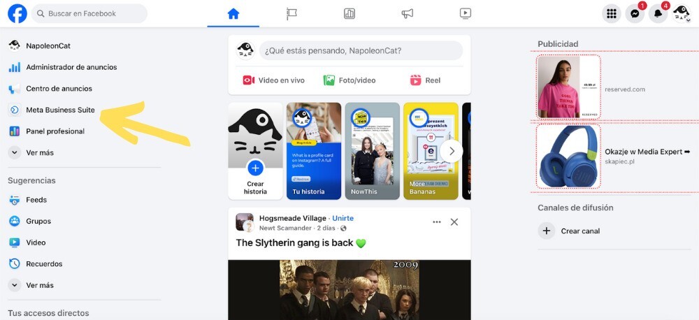 Una captura de pantalla de Facebook. Puedes ver una barra de herramientas a la izquierda. La flecha amarilla indica en la que se llama «Meta Business Suite».