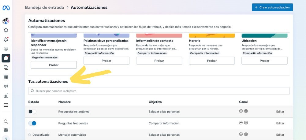 Una captura de pantalla de Meta Business Suite, sección «Mensajes». En la parte inferior de la página se puede ver una sección llamada «Tus automatizaciones».