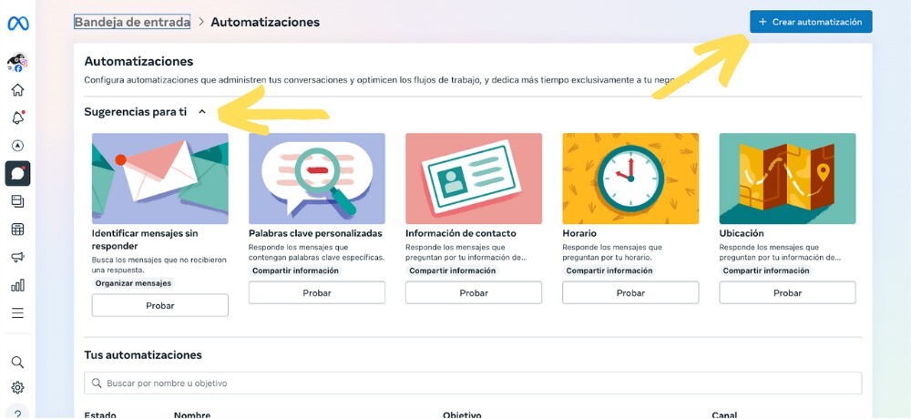 Una captura de pantalla de Meta Business Suite. Puedes ver varias plantillas de diferentes automatizaciones disponibles para tus mensajes privados.