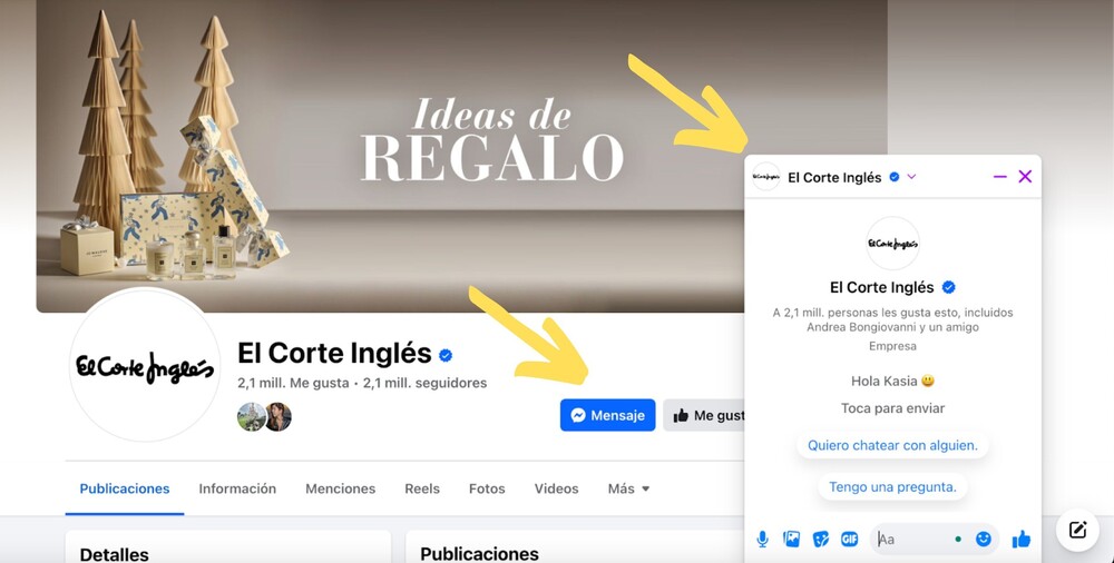 Una captura de pantalla de la página de Facebook de El Corte Inglés. Hay dos flechas amarillas que indican el botón «Mensaje» y la ventana de chat.