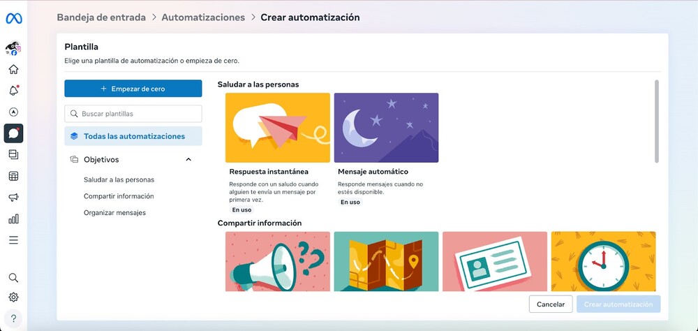 Una captura de pantalla de «Panel para profesionales» donde puedes ver ejemplos de plantillas de respuestas automatizadas para Facebook e Instagram.