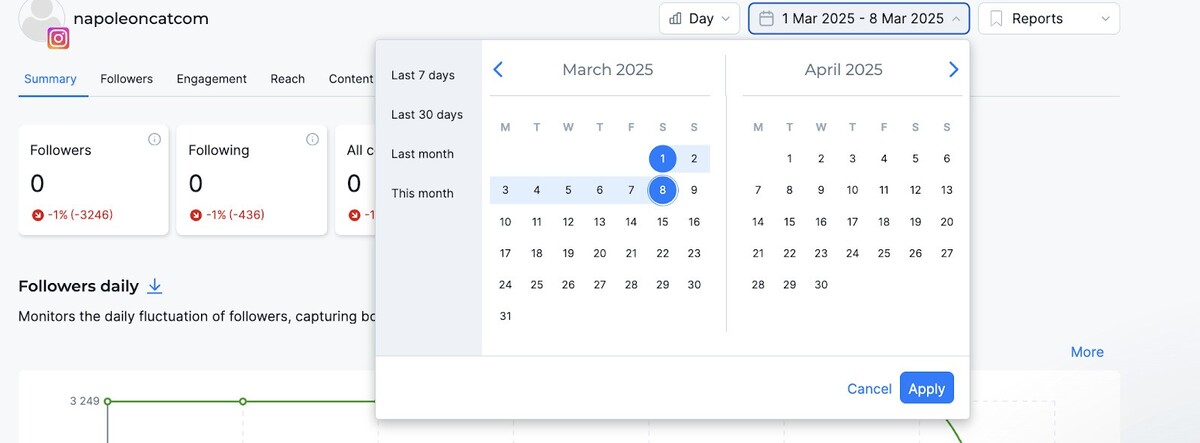 Selecting custom time period for Instagram follower count history in NapoleonCat