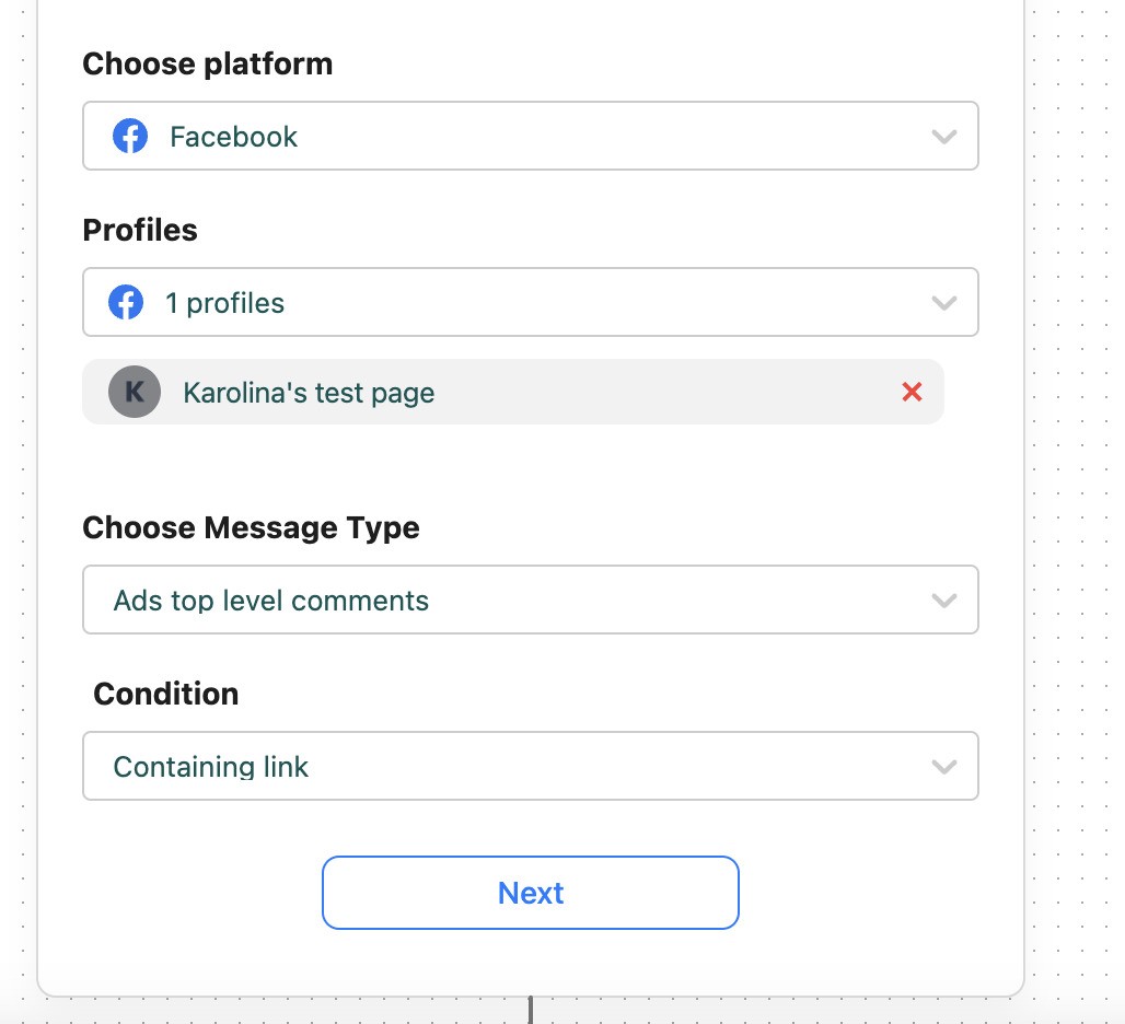 Screenshot of an Auto-moderation interface, showing options to select profiles, message type, and conditions for comments.