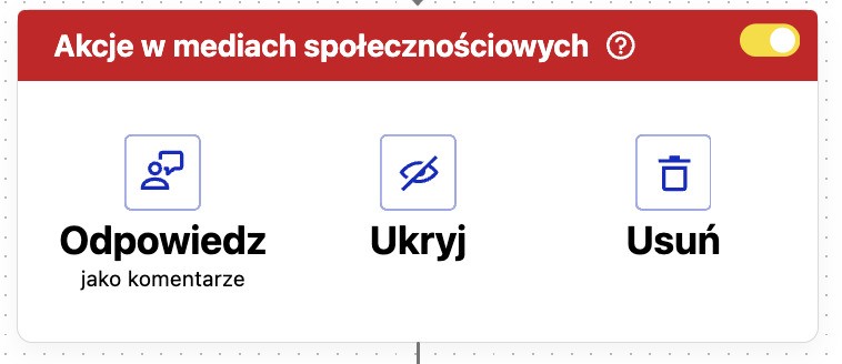 Sekcja "Akcje w mediach społecznościowych". Można wybrać: odpowiedz jako komentarz, ukryj lub usuń.