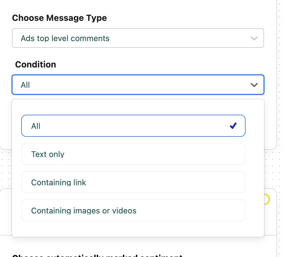 Selecting condition for an Auto-moderation rule: all messages, messages with text only, messages containing link, messages containing images or videos.