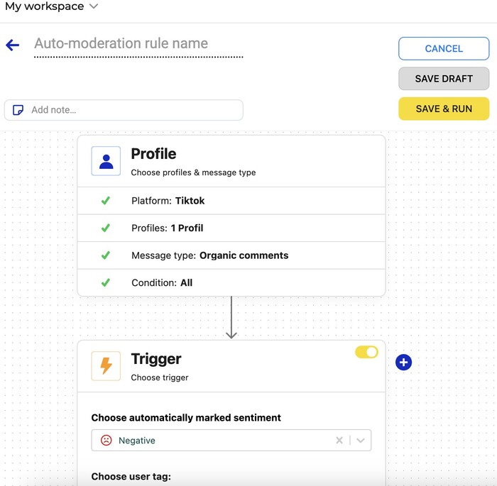 Screenshot of an Auto-moderation setup for TikTok comments, specifying profiles, message types, and sentiment triggers.