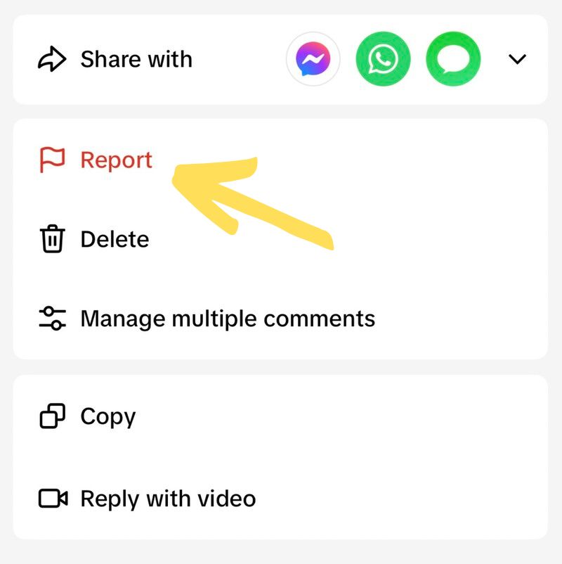 A popup menu on TikTok with a highlighted option "report"