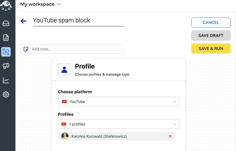 Screenshot of an Auto-moderation menu, showing platform and profile selection options for managing spam.