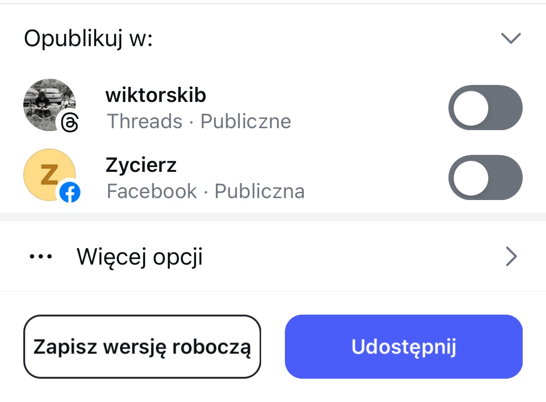 Interfejs aplikacji Instagram na urządzeniu mobilnym, pokazujący sekcję ustawień umożliwiającą udostępnienie posta na wielu platformach.