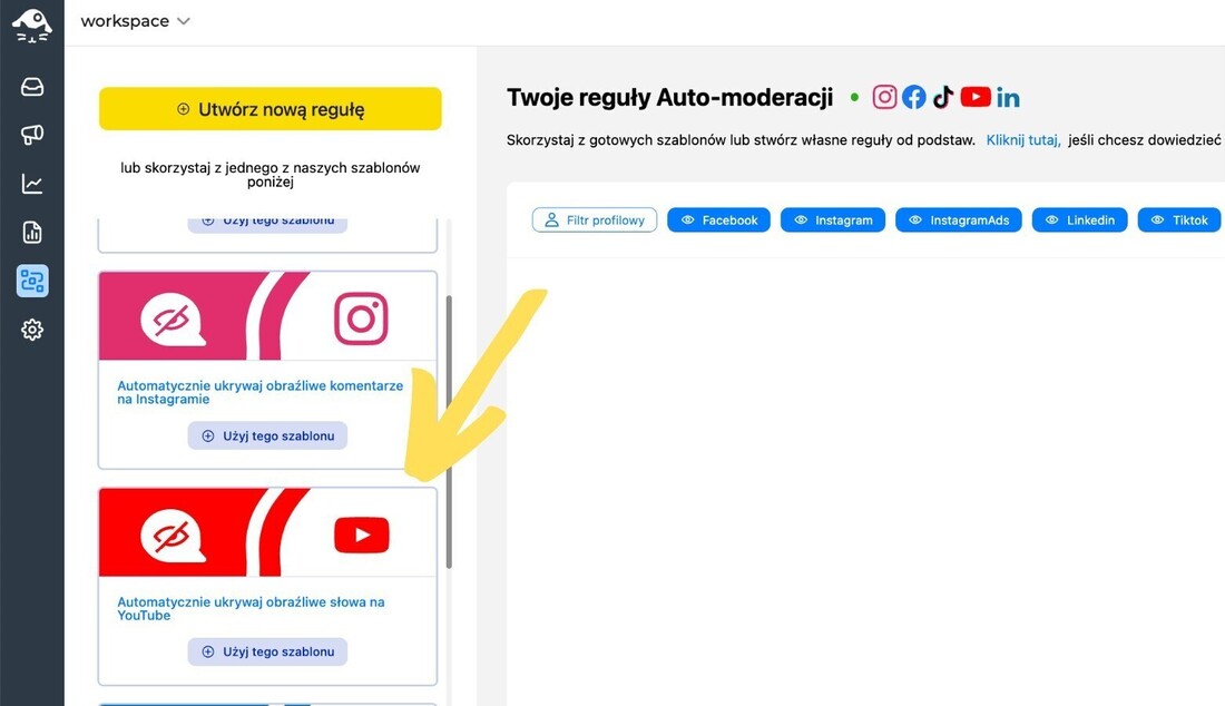 Panel Auto-moderacji, w którym widać dostępne gotowe szablony reguł moderacji social mediów. Zaznaczony jest szablon dla YouTube.