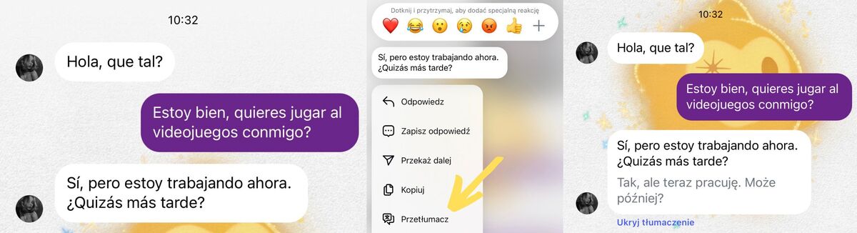 Zrzut ekranu skrzynki odbiorczej DM na Instagramie przedstawiający krok po kroku, jak przetłumaczyć wiadomość prywatną na IG