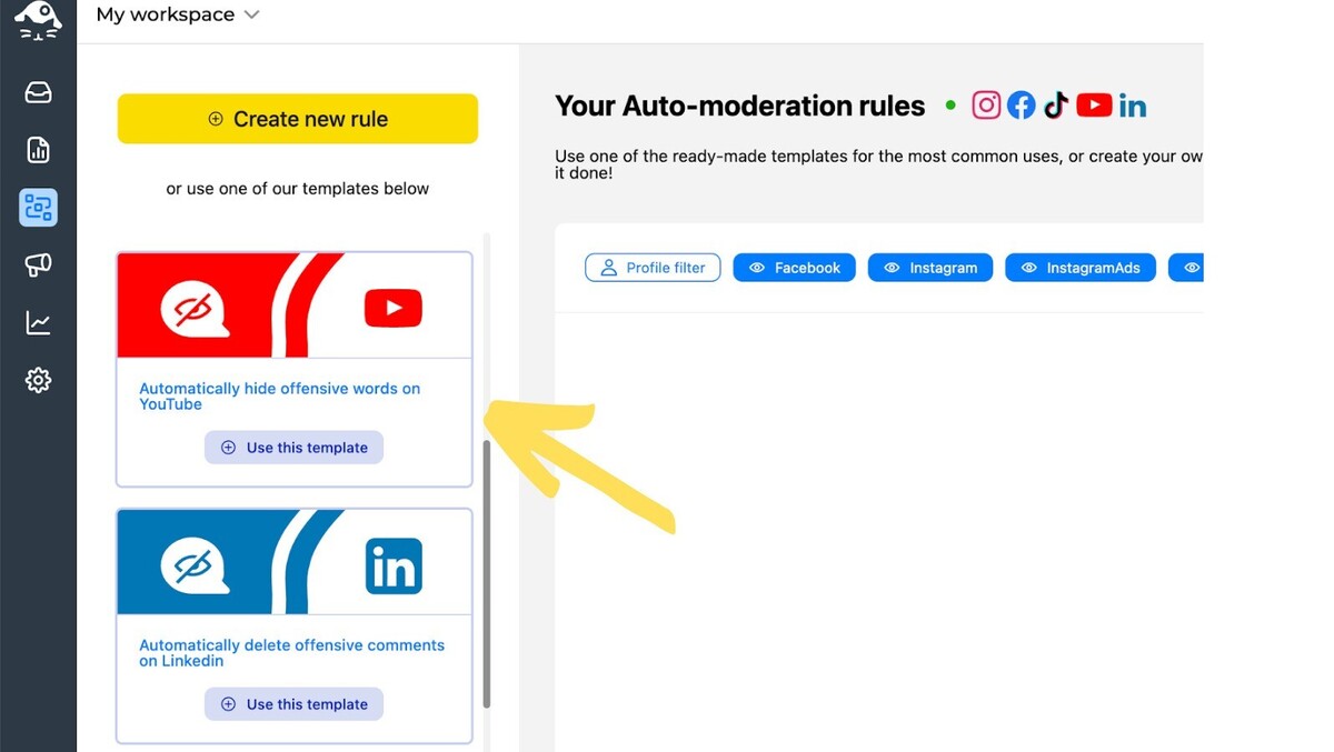 Screenshot of NapoleonCat's auto-moderation tool interface showing templates for hiding offensive content on YouTube.