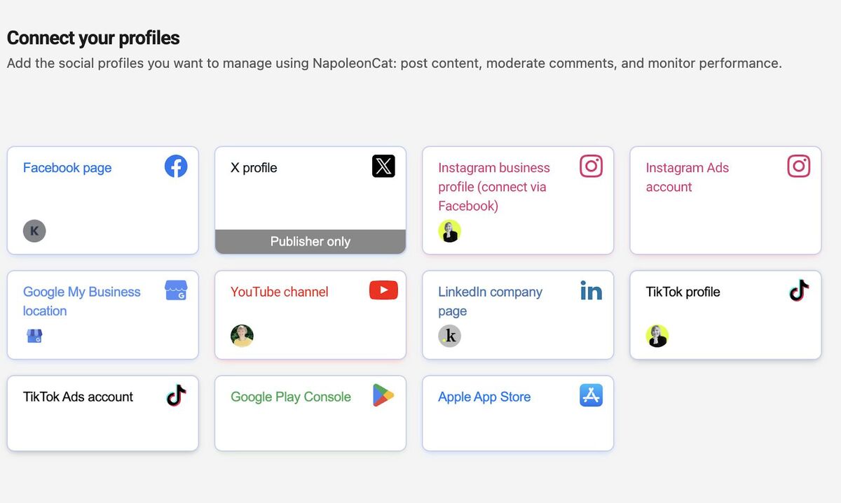 A panel where you can connect your social media platforms to NapoleonCat