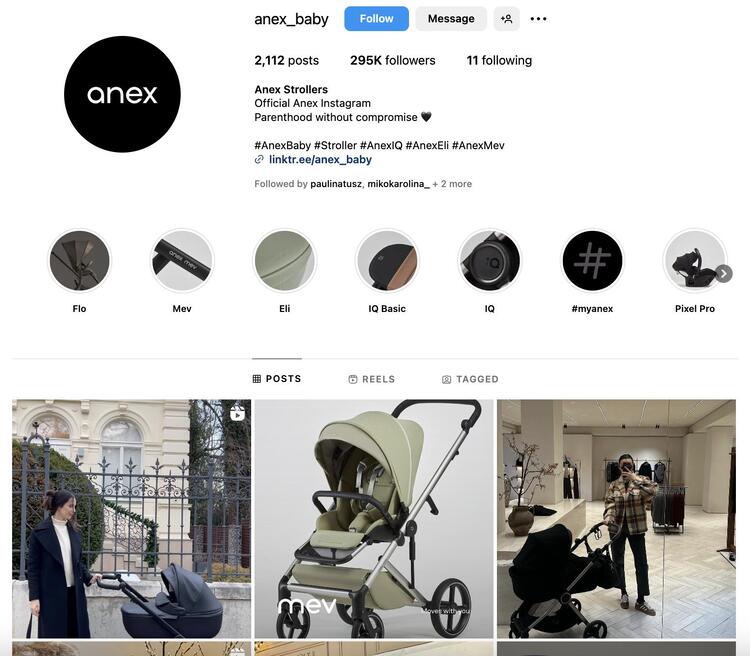 Zrzut ekranu z profilu na Instagramie producenta wózków dziecięcych Anex. Na zdjęciu widoczne jest zdjęcie profilowe z logotypem marki, krótkie bio, z którego dowiadujemy się, że jest to oficjalny profil marki oraz miniatury trzech ostatnich postów, które pojawiły się na profilu Anex Baby.