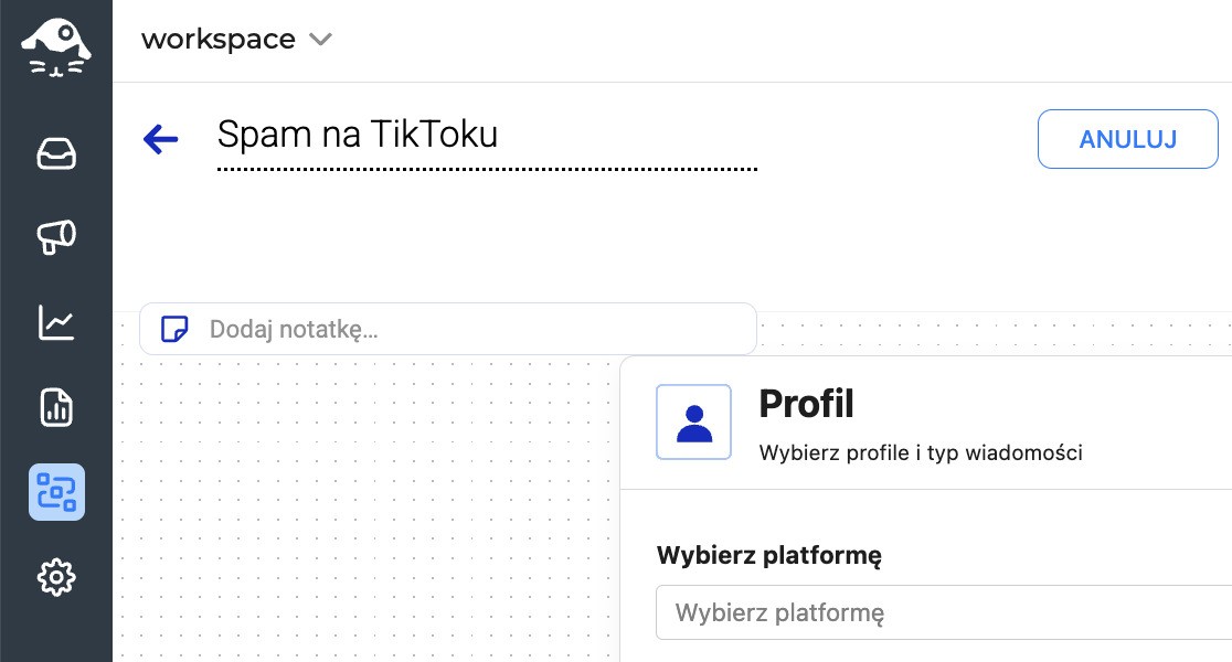 Zrzut ekranu panelu edycji automatycznej moderacji NapoleonCat, w którym można utworzyć niestandardową nazwę dla automatycznej reguły blokowania spamu w TikToku.