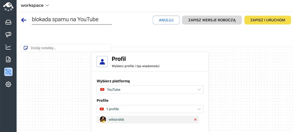 Interfejs Auto-moderacji, widoczna jest sekcja "Profil", gdzie można wybrać platformę dla moderacji oraz podpiąć swoje profile.