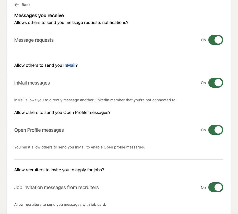 Screenshot of LinkedIn settings for message preferences including InMail, Open Profile messages, and job invitation notifications.