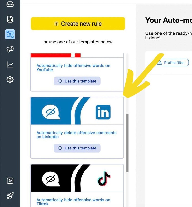 NapoleonCat'a main panel displaying templates for automating content moderation on various platforms. LinkedIn template is highlighted