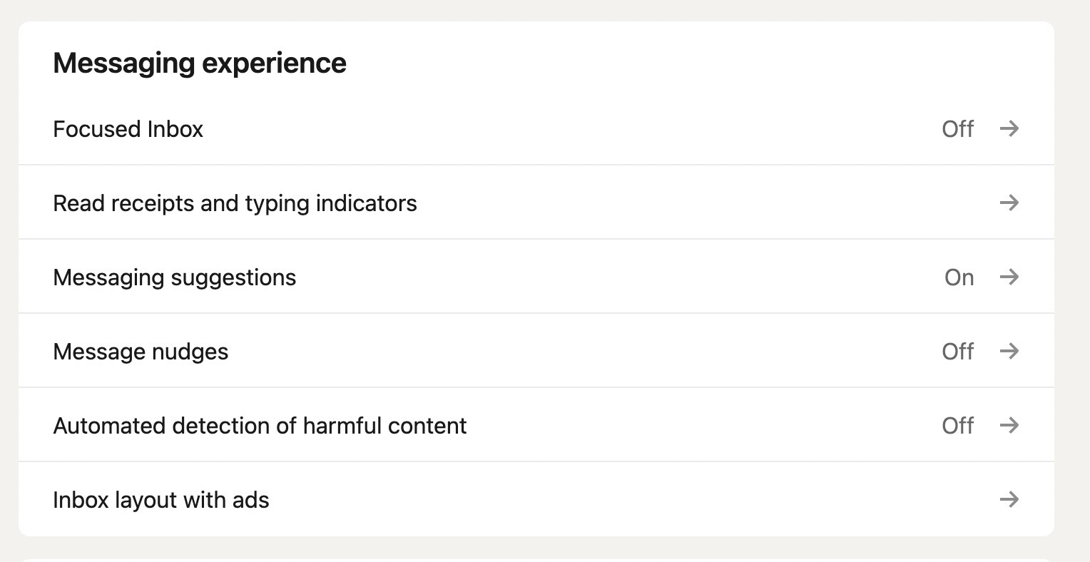 A LinkedIn menu titled "Messaging experience," listing options like Focused Inbox, read receipts, suggestions, and harmful content detection.