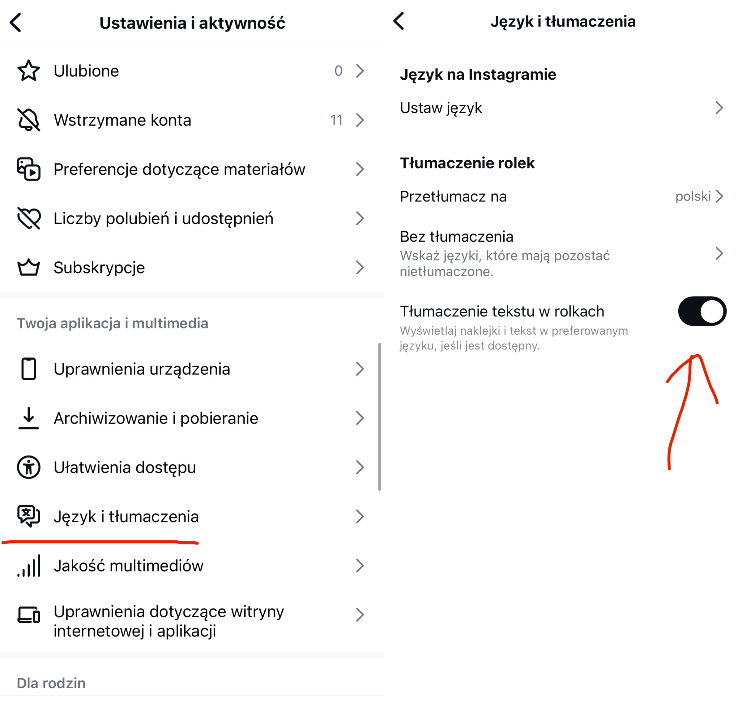 Ustawienia tłumaczenia tekstu w rolkach na Instagramie