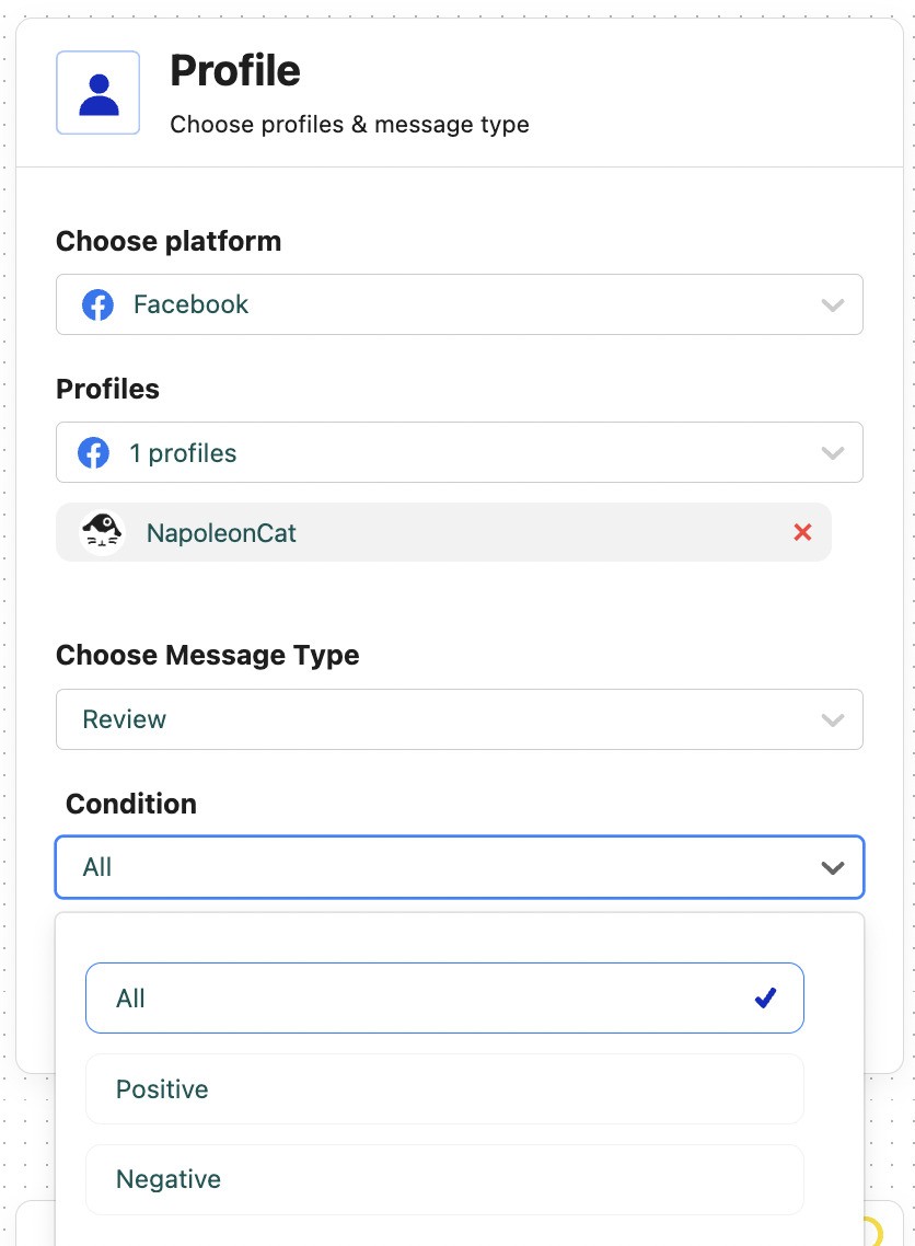 Creating an Auto-moderation rule for Facebook - choosing profiles and platforms automatic replies