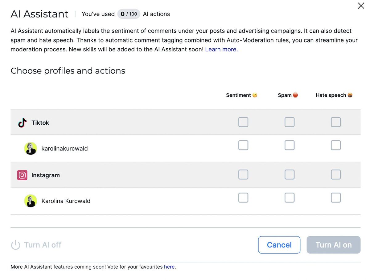 Settings inside NapoleonCat's AI assistant.