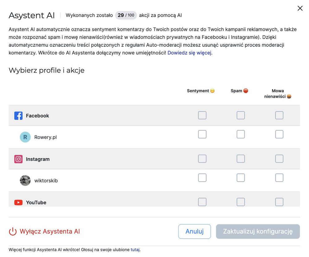Menu konfiguracji asystenta AI w NapoleonCat